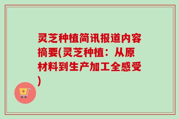 灵芝种植简讯报道内容摘要(灵芝种植:从原材料到生产加工全感受) 灵芝种植简讯报道内容摘要(灵芝种植:从原材料到生产加工全感受)