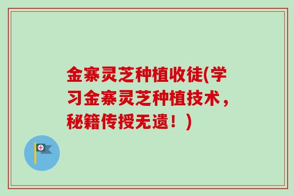 金寨灵芝种植收徒(学习金寨灵芝种植技术,秘籍传授无遗!) 金寨灵芝种植收徒(学习金寨灵芝种植技术,秘籍传授无遗!)